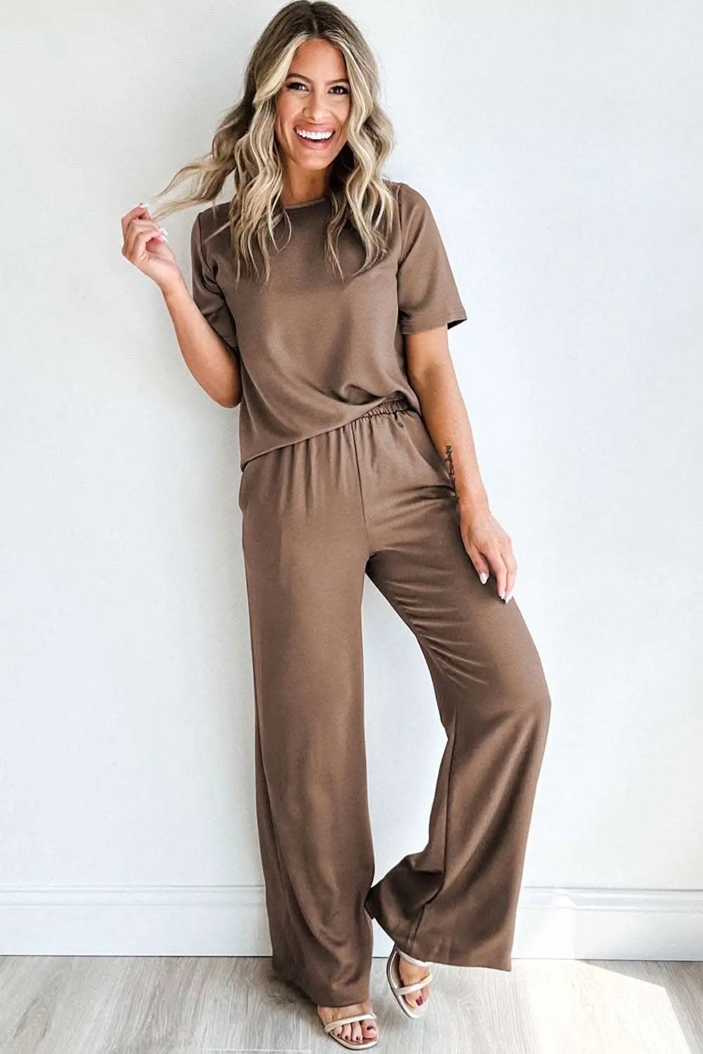 Smoke Gray Solid Color T Shirt 2pcs Wide Leg Pants Set - Love Salve 
