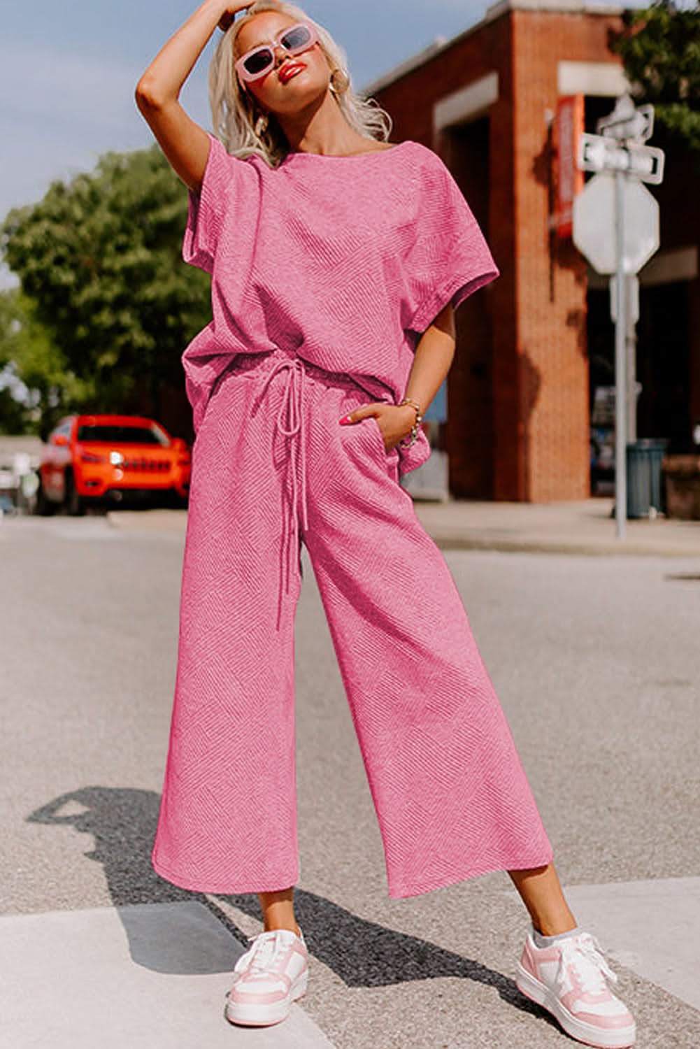 Strawberry Pink Textured Loose Fit T Shirt and Drawstring Pants Set - Love Salve 