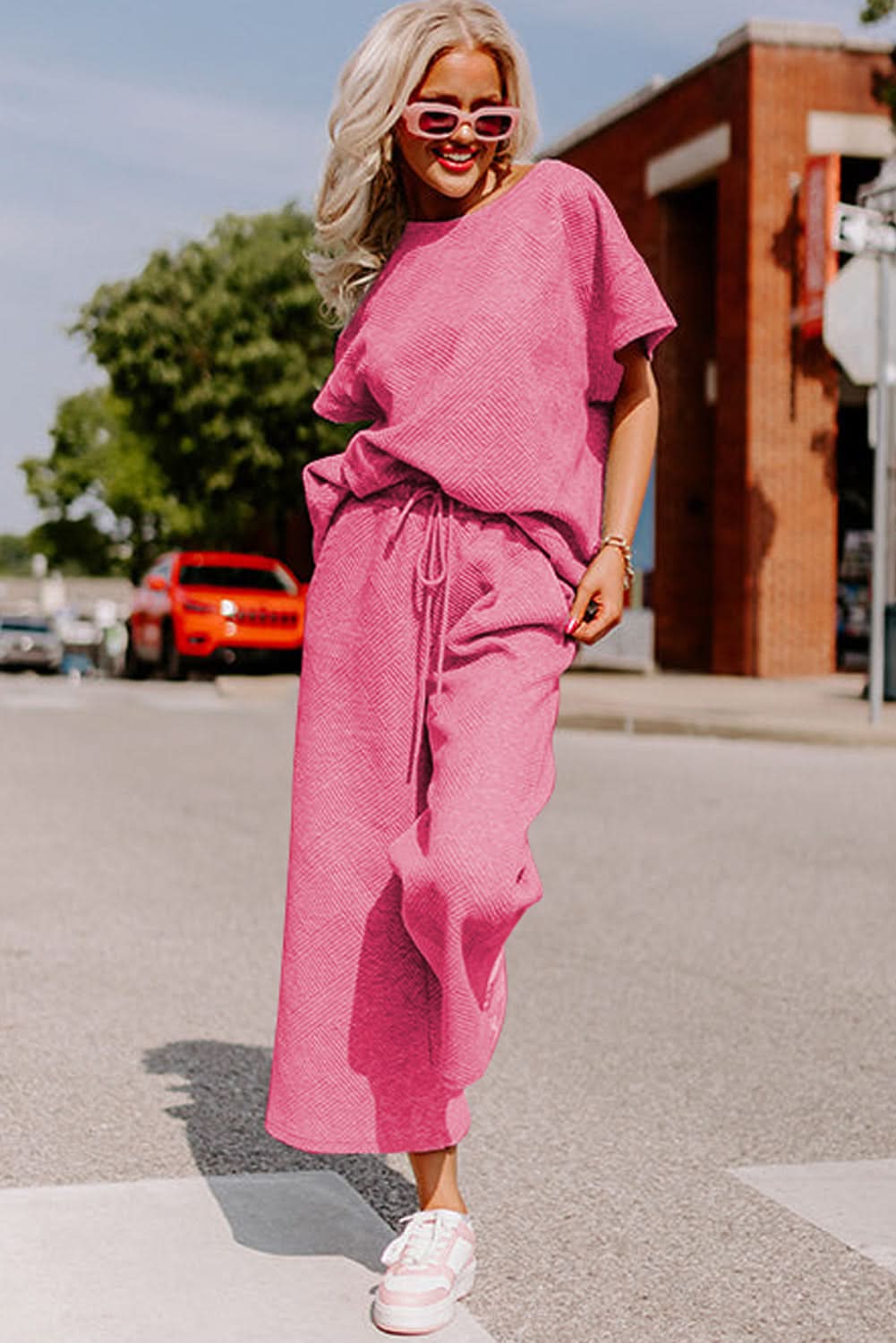 Strawberry Pink Textured Loose Fit T Shirt and Drawstring Pants Set - Love Salve 