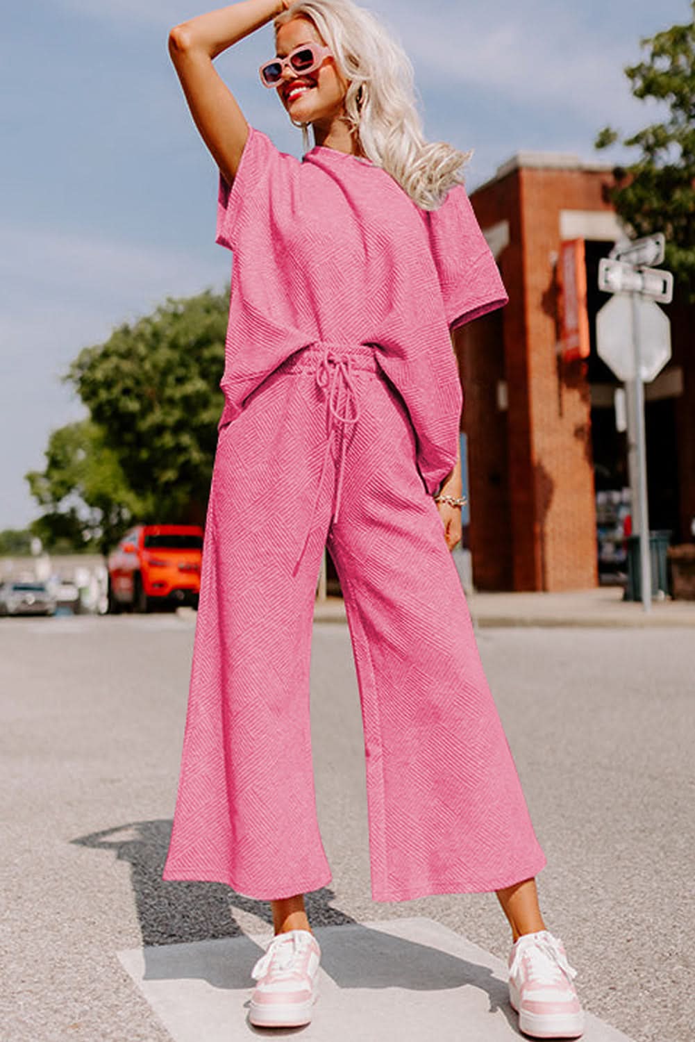 Strawberry Pink Textured Loose Fit T Shirt and Drawstring Pants Set - Love Salve 