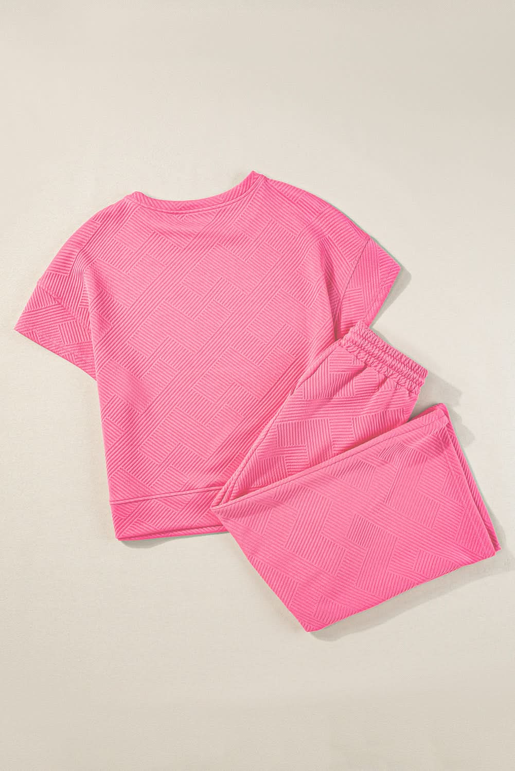 Strawberry Pink Textured Loose Fit T Shirt and Drawstring Pants Set - Love Salve 
