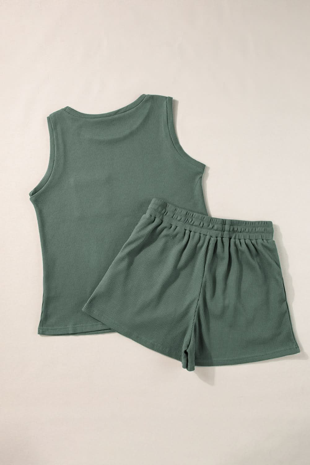 Mist Green Waffle Knit Patched Pocket Tank and Drawstring Shorts Set - Love Salve 
