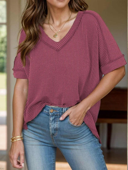 Lovelet Texture V-Neck Half Sleeve T-Shirt - Love Salve 