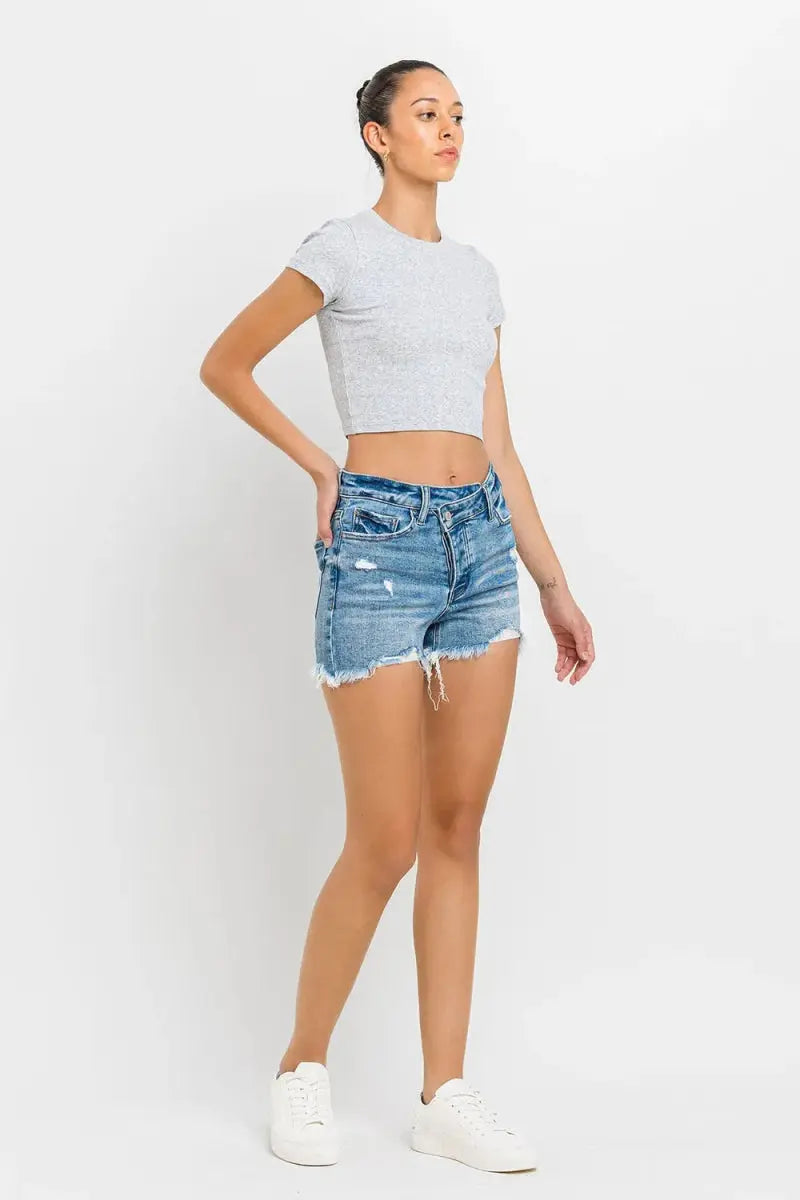 Lovervet Stepped Waist Raw Hem Denim Shorts for Women - Love Salve 