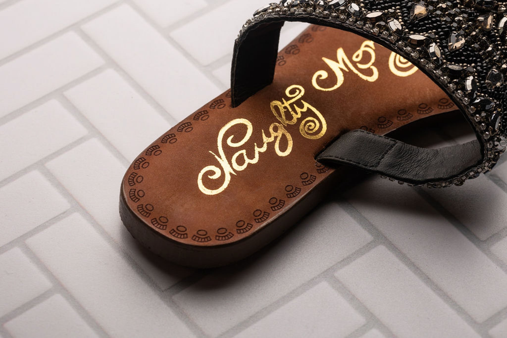 Loving U Black Jeweled Sandals Genuine Leather Footbed Naughty Monkey
