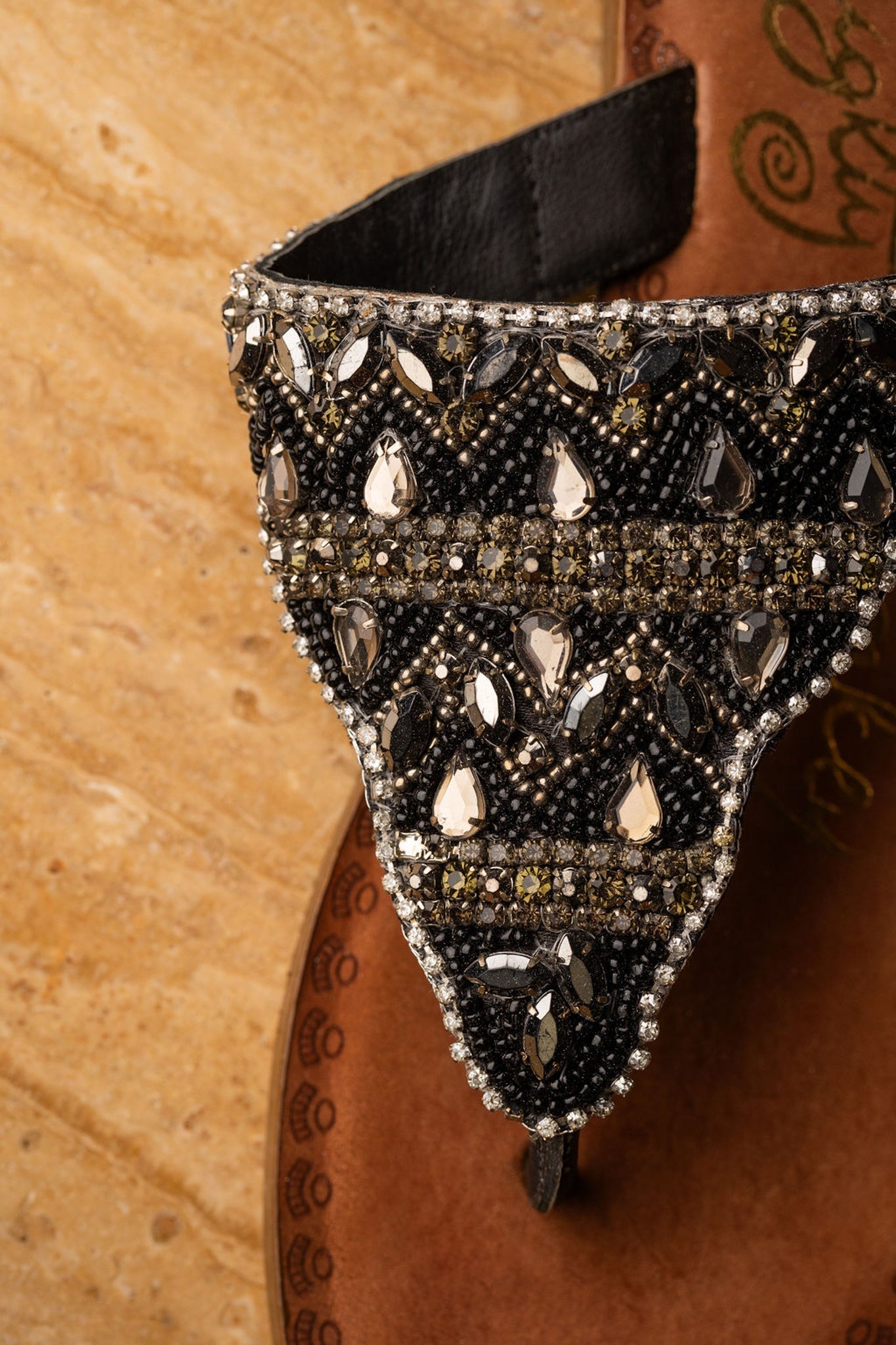 Loving U Black Jeweled Sandals Genuine Leather Footbed Naughty Monkey