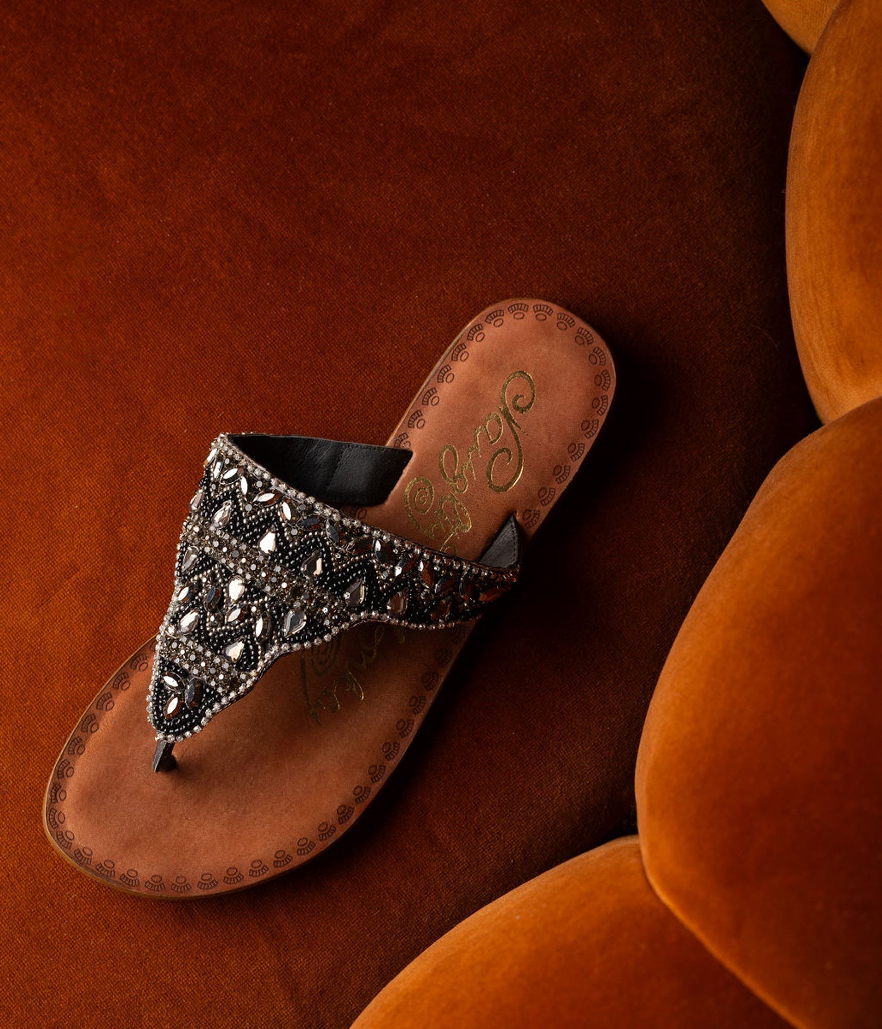 Loving U Black Jeweled Sandals Genuine Leather Footbed Naughty Monkey