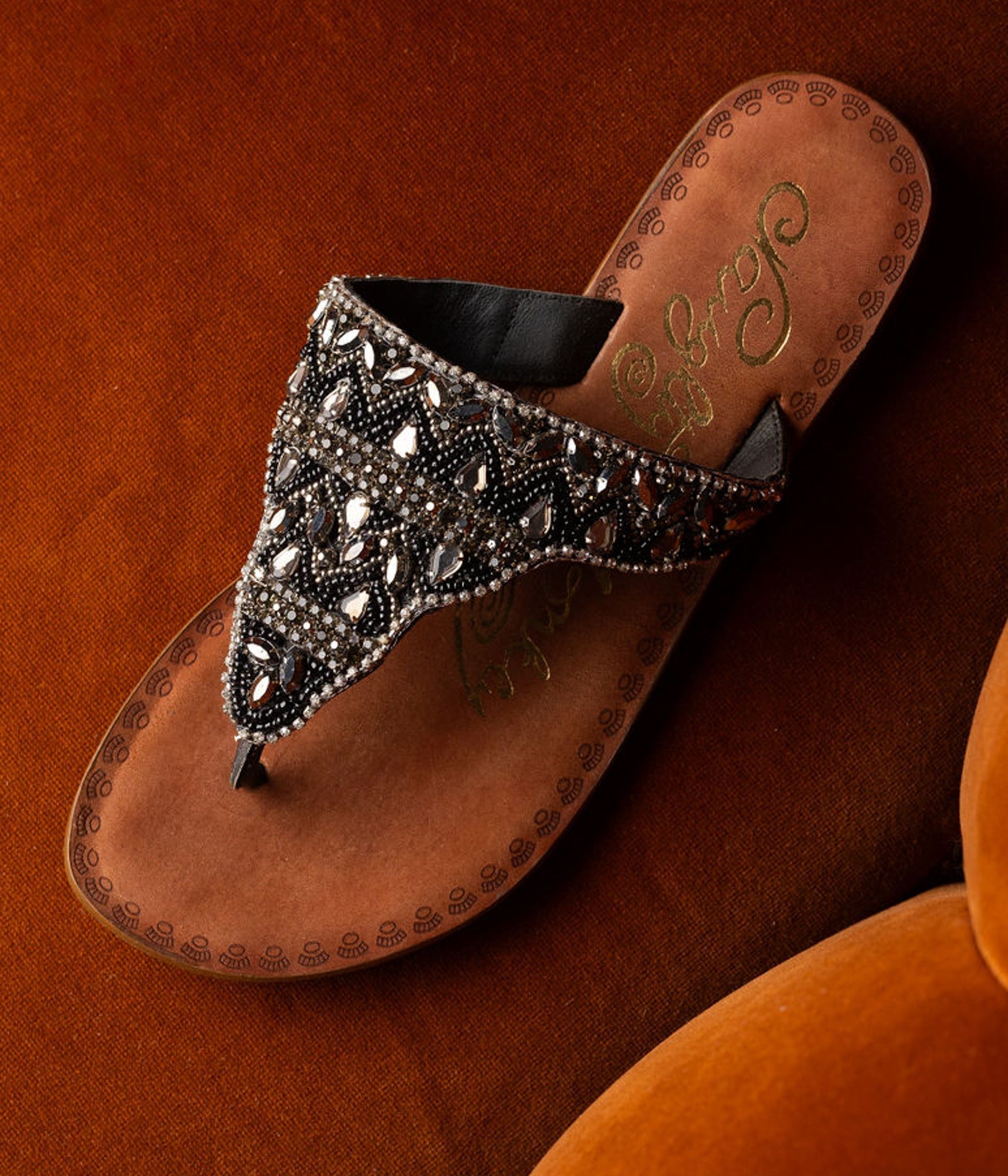 Loving U Black Jeweled Sandals Genuine Leather Footbed Naughty Monkey