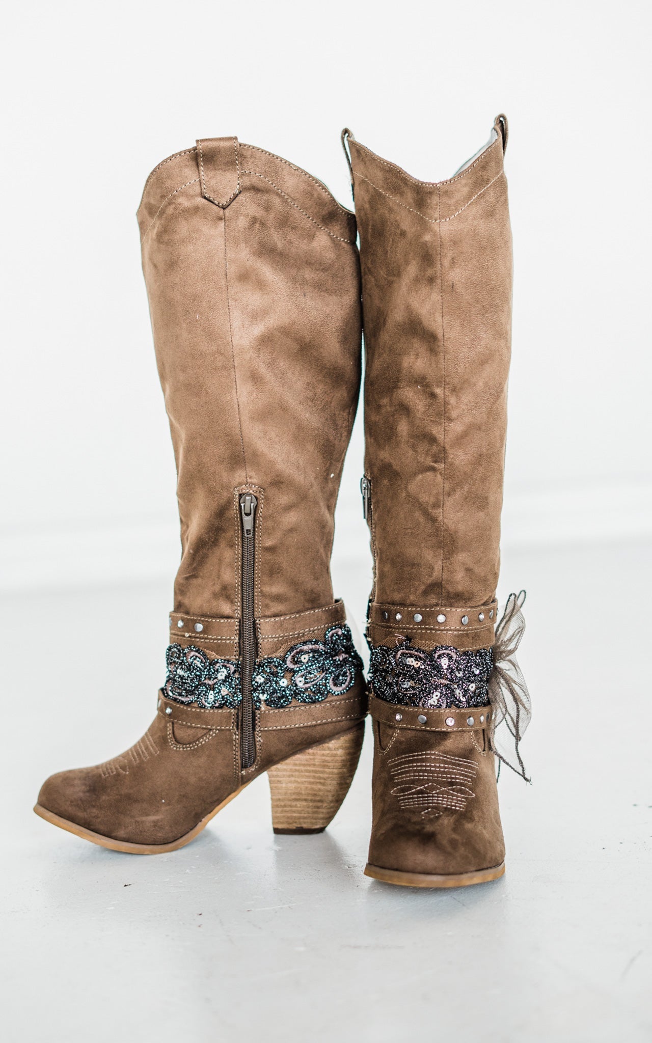 Not Rated Lush Knee High Boot Taupe Faux Leather 16.5 Inch Shaft
