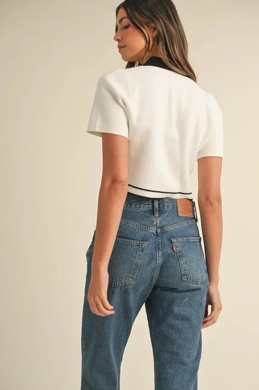 MABLE Button Down Contrast Collared Knit Cardigan - Love Salve