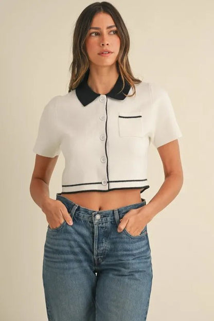 MABLE Button Down Contrast Collared Knit Cardigan - Love Salve