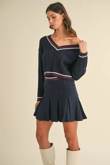 MABLE Cable - Knit Top and Pleated Skirt Sweater Set - Love Salve