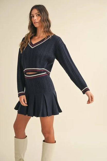 MABLE Cable - Knit Top and Pleated Skirt Sweater Set - Love Salve