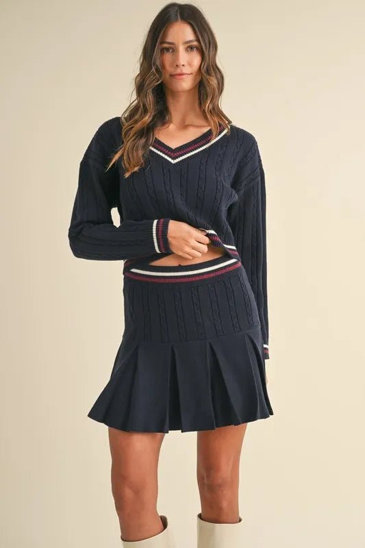 MABLE Cable - Knit Top and Pleated Skirt Sweater Set - Love Salve