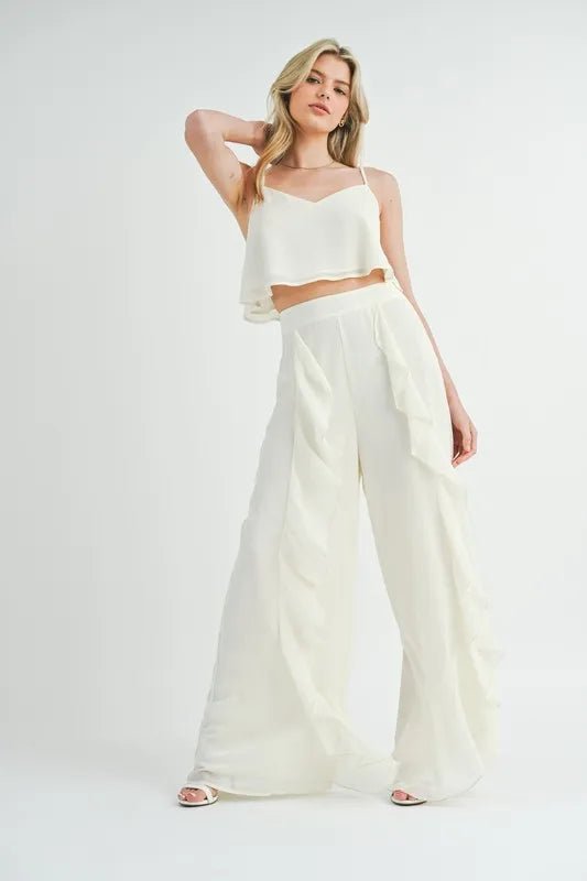 MABLE Crop Cami and Ruffled Wide Leg Pants Set - Love Salve
