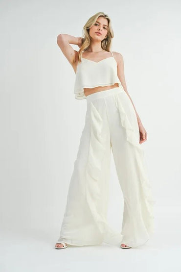 MABLE Crop Cami and Ruffled Wide Leg Pants Set - Love Salve