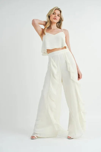 MABLE Crop Cami and Ruffled Wide Leg Pants Set - Love Salve