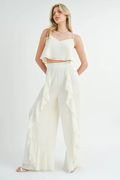 MABLE Crop Cami and Ruffled Wide Leg Pants Set - Love Salve