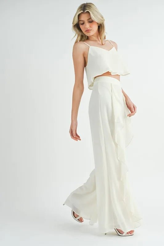 MABLE Crop Cami and Ruffled Wide Leg Pants Set - Love Salve