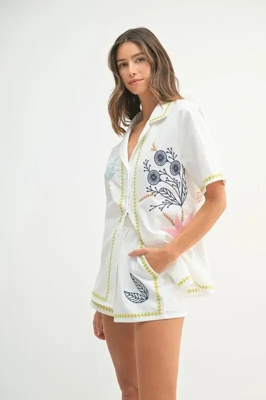 MABLE Embroidered Button Down Shirt and Shorts Set - Love Salve