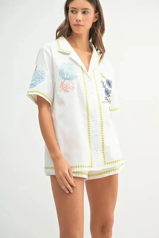 MABLE Embroidered Button Down Shirt and Shorts Set - Love Salve