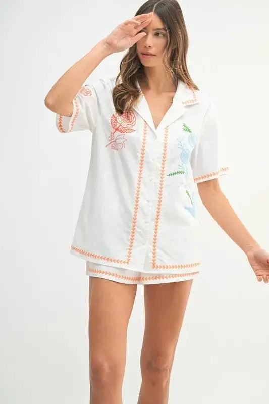MABLE Embroidered Button Down Shirt and Shorts Set - Love Salve
