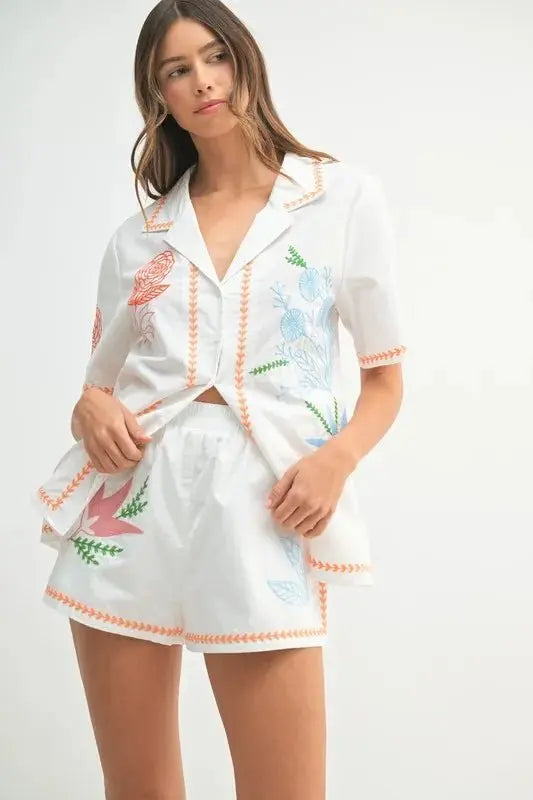 MABLE Embroidered Button Down Shirt and Shorts Set - Love Salve