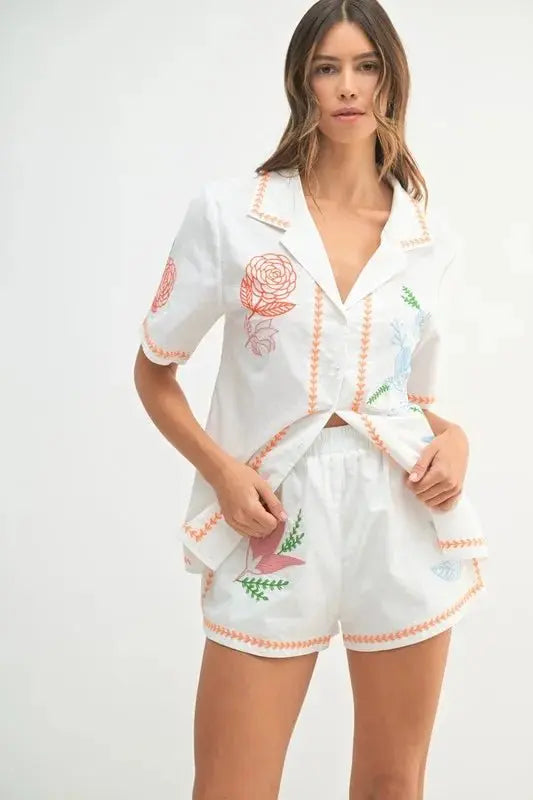 MABLE Embroidered Button Down Shirt and Shorts Set - Love Salve