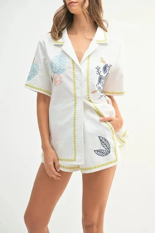 MABLE Embroidered Button Down Shirt and Shorts Set - Love Salve