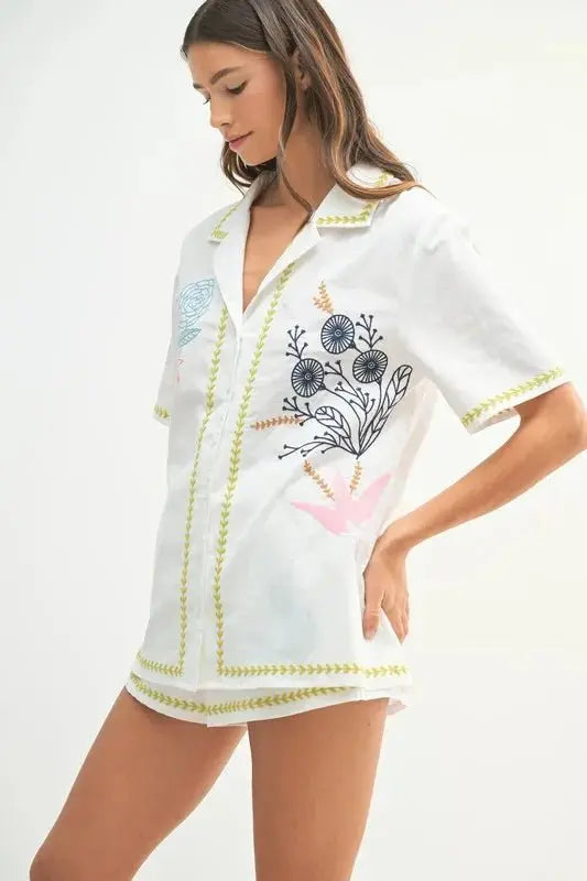 MABLE Embroidered Button Down Shirt and Shorts Set - Love Salve
