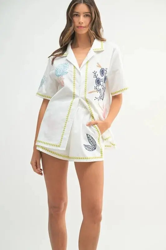 MABLE Embroidered Button Down Shirt and Shorts Set - Love Salve