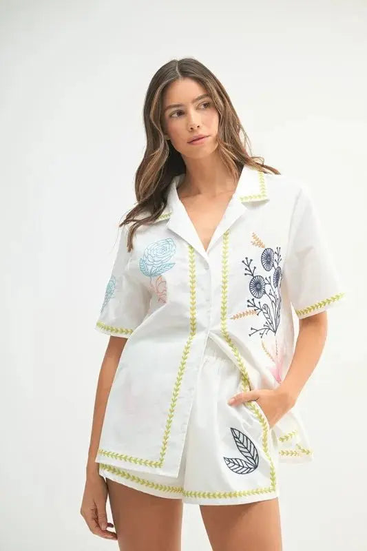 MABLE Embroidered Button Down Shirt and Shorts Set - Love Salve