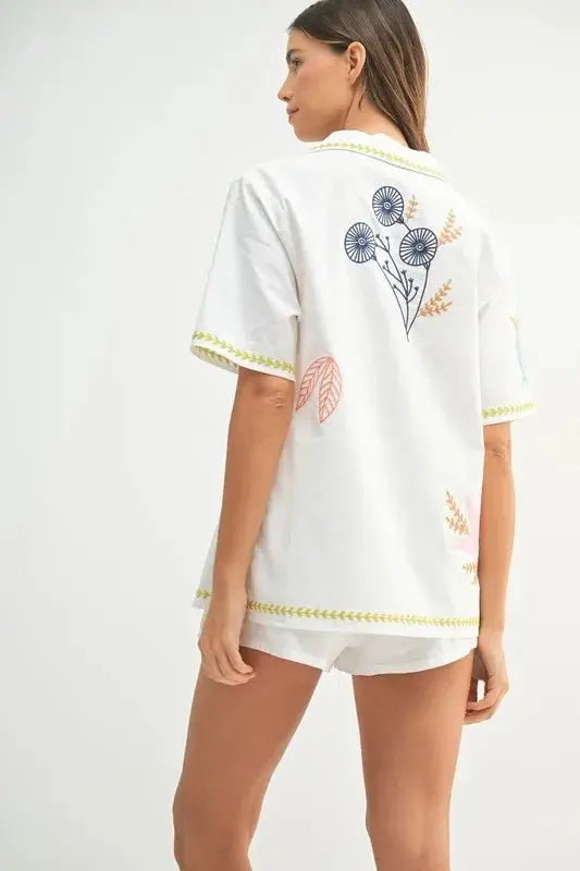 MABLE Embroidered Button Down Shirt and Shorts Set - Love Salve