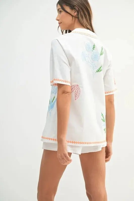 MABLE Embroidered Button Down Shirt and Shorts Set - Love Salve