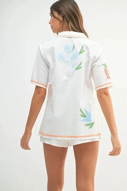 MABLE Embroidered Button Down Shirt and Shorts Set - Love Salve