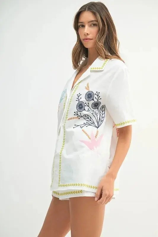 MABLE Embroidered Button Down Shirt and Shorts Set - Love Salve