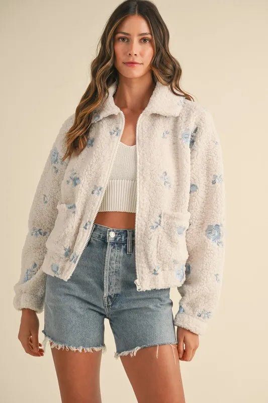 MABLE Floral Embroidered Fleece Teddy Jacket - Love Salve