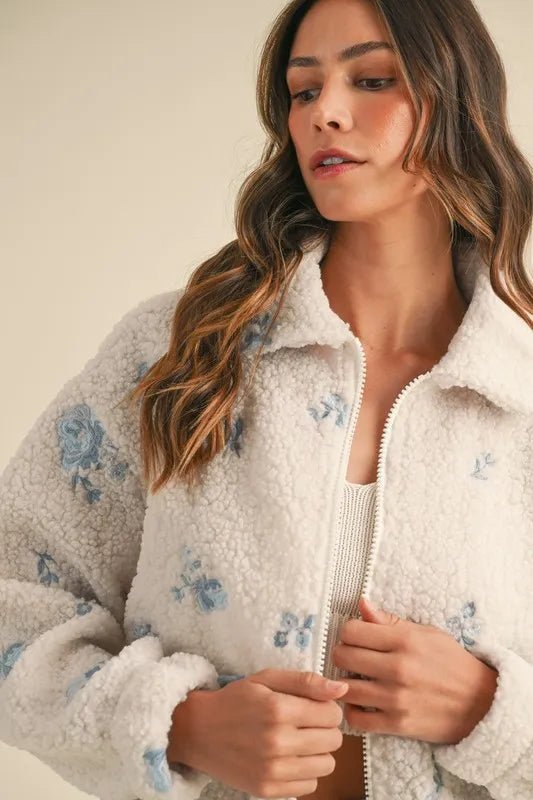 MABLE Floral Embroidered Fleece Teddy Jacket - Love Salve