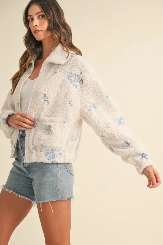 MABLE Floral Embroidered Fleece Teddy Jacket - Love Salve