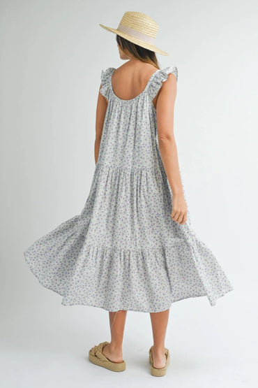 MABLE Floral Ruffle Shoulder Tiered Midi Dress for Women - Love Salve