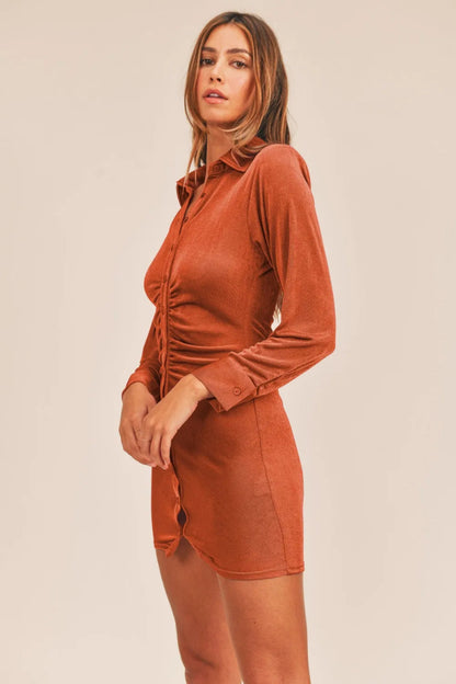 MABLE Front Ruched Button-Down Skinny Mini Shirt Dress - Love Salve 