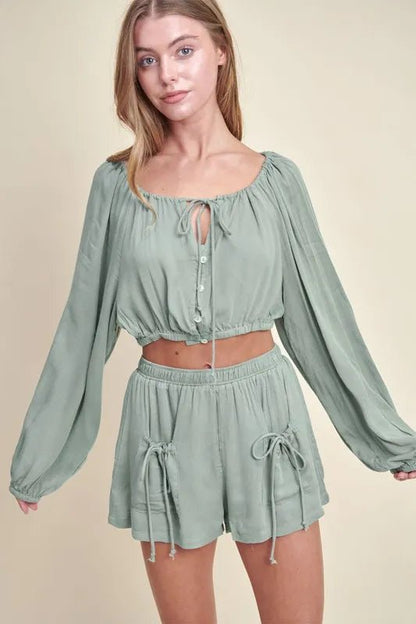 MABLE Gauze Long Sleeve Button Crop Top and Short Set - Love Salve