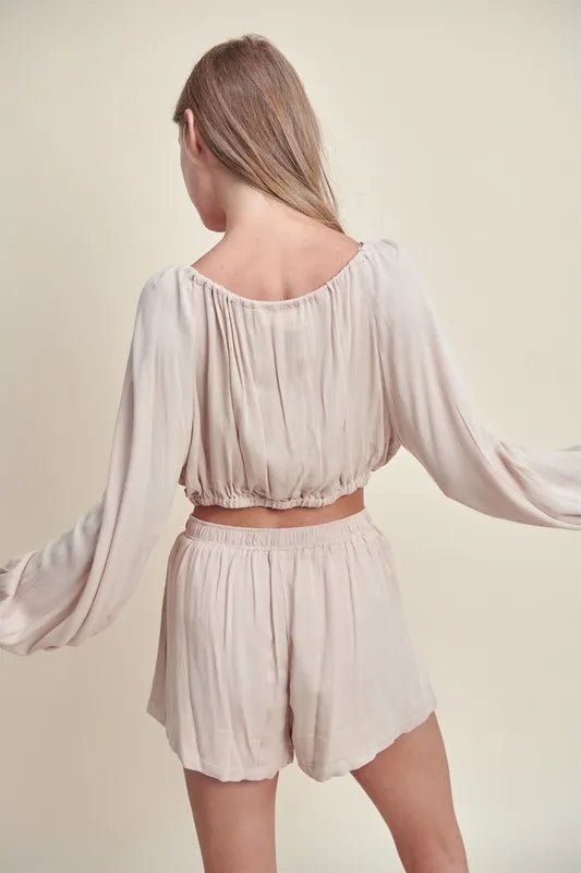 MABLE Gauze Long Sleeve Button Crop Top and Short Set - Love Salve
