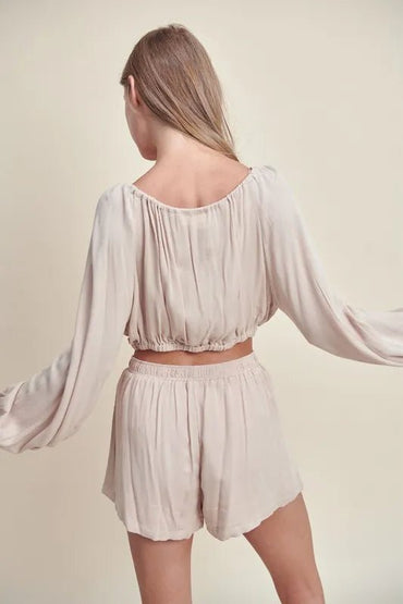 MABLE Gauze Long Sleeve Button Crop Top and Short Set - Love Salve