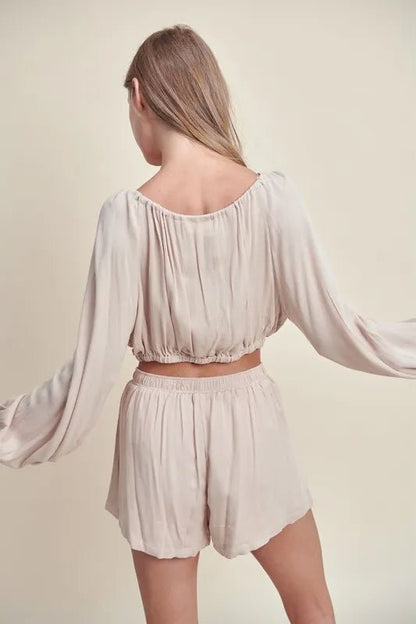 MABLE Gauze Long Sleeve Button Crop Top and Short Set - Love Salve