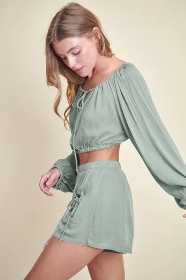 MABLE Gauze Long Sleeve Button Crop Top and Short Set - Love Salve