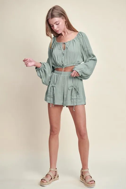 MABLE Gauze Long Sleeve Button Crop Top and Short Set - Love Salve