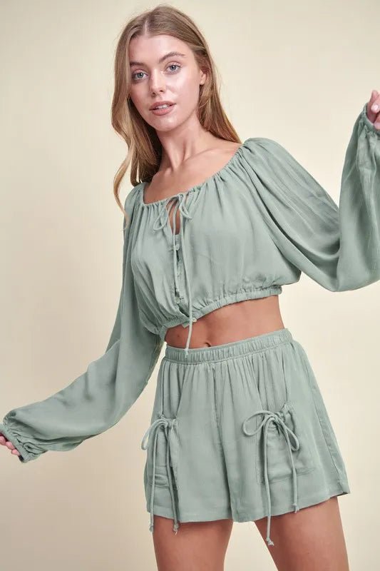 MABLE Gauze Long Sleeve Button Crop Top and Short Set - Love Salve