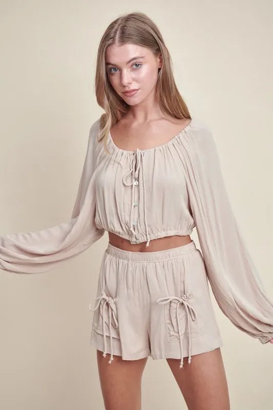 MABLE Gauze Long Sleeve Button Crop Top and Short Set - Love Salve