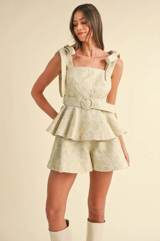 MABLE Jacquard Floral Peplum Top and Flare Shorts Set - Love Salve